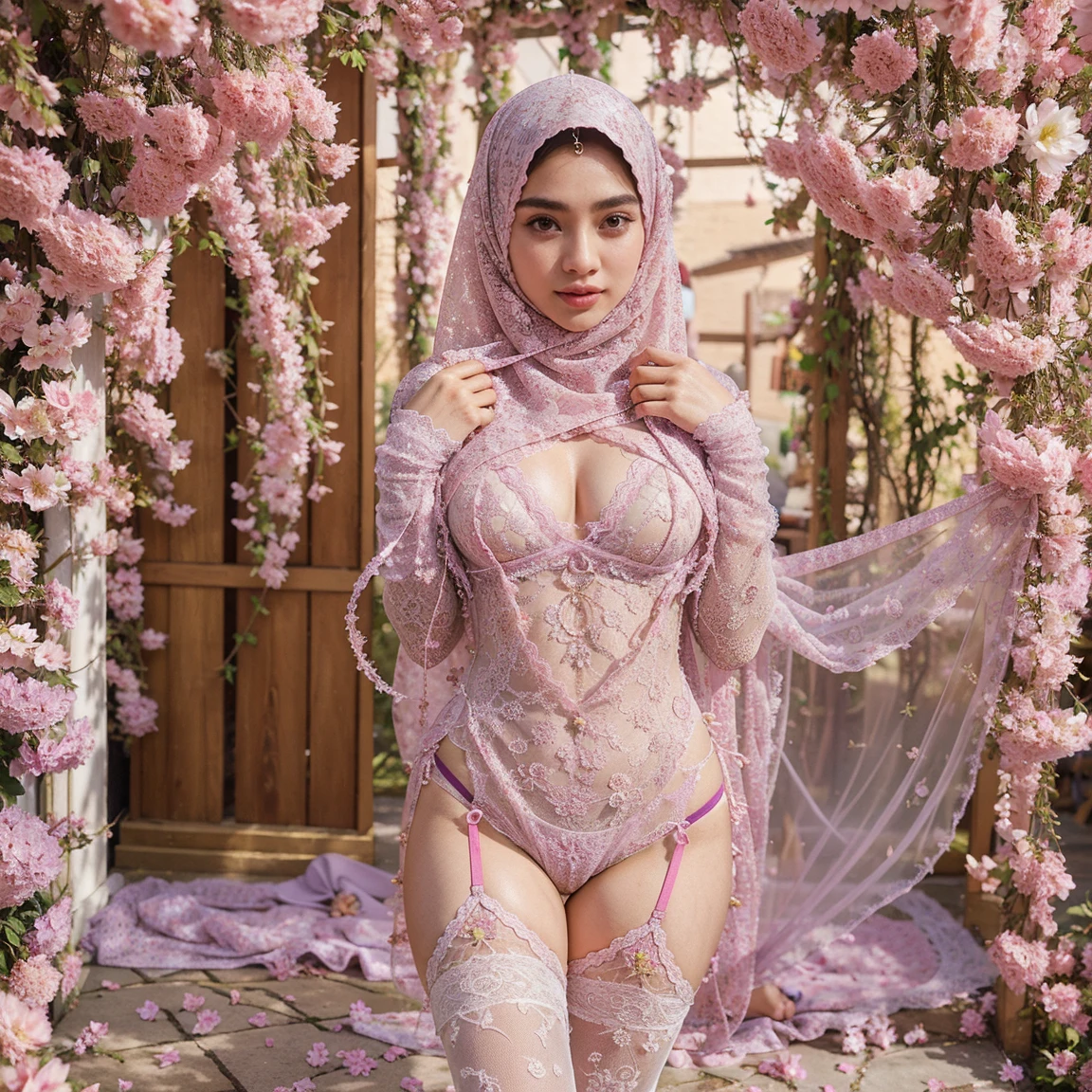 (generate a beautifull lady with very gigantic breast, wear luxury hijab and detailed pink small tight strapless bra sleep on luxury pillow, kneeling, spread legs and showing her back), (show ass), (show butt), (detailed luxury tight kebaya), (detail luxury tight garter belt), (detail luxury tight stocking), (detail luxury high heels), (tight skin), (show thigh), (detailed hairpin), (detailed underboobs ornament), (detail cleaveage ornament),(detailed luxury chest ornament), (detailed luxury arm ornament), (detail hips ornament), expensive detailed necklace, (gigantic breast:1,9), detail background, beautifull face, pretty face, beautifull eyes, beautifull nose, sexy lips, pink nails, raytracing, nsfw, beautifull fingers, beautifull hands, sexy body, sexy shoulders, sexy legs, sexy hips, (luxury bracelet), (luxury ring), (luxury necklace), (4 fingers in 1 hand), white skin, full body picture, pretty makeup, cg realistic, 8k, sharp eye, (from behind), cg realistic, 8k, sharp eye, (masterpiece, best quality:1.2),(8k,highres,RAW photo,realistic,photo-realistic:1.3),(detailed skin texture,detailed cloth texture,beautiful detailed face:1.25),professional lighting,photon mapping,beautiful soft light,radiosity,physically-based rendering,model shoot style, model shoot style, (extremely detailed CG unity 8k wallpaper), full shot body photo of the most beautiful artwork in the world, complex 3d render ultra detailed, looking at viewer, 18 yo, wet hair, real human skin, vibrant details, hyperrealistic, beautiful, octane render, 8k, best quality, masterpiece, an extremely delicate and beautiful, extremely detailed ,CG ,unity ,wallpaper, (realistic, photo-realistic:1.37),Amazing, finely detail, masterpiece,best quality,official art, extremely detailed CG unity 8k wallpaper ,extreme detailed eyes, (perfect face), shiny skin, colorful, highest detailed, vibrant colors, ultra high res, (high contrast), intricate, lens flare,