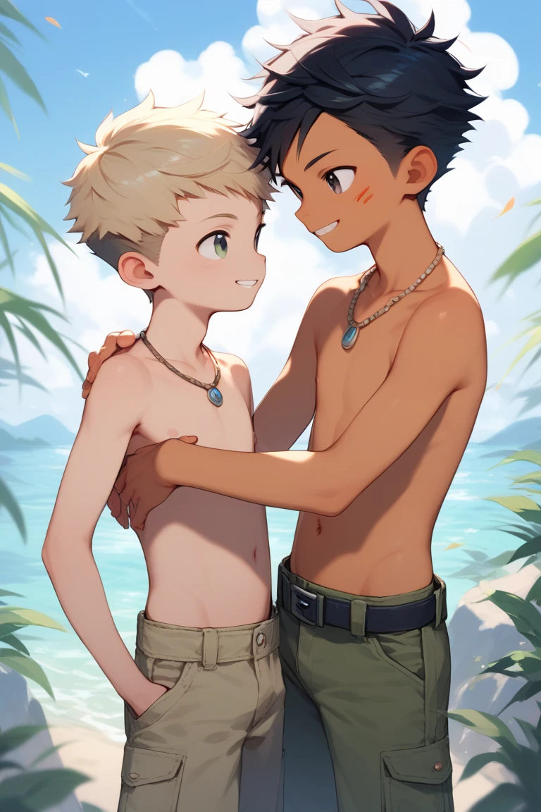 Furry shota, wolf, black hair, long spiky ponytail, blue eyes, detailed body fur, ((goggles, blue hawaiian shirt, open clothes, One shoulder off, black swim trunks)), looking at another, fangs, clear grey body fur, detailed face, big eyebrows, detailed eyes, detailed body, detailed body fur, detailed hands, glistering body, shiny body, skinny, uper body, injured, dirty, torn clothes,