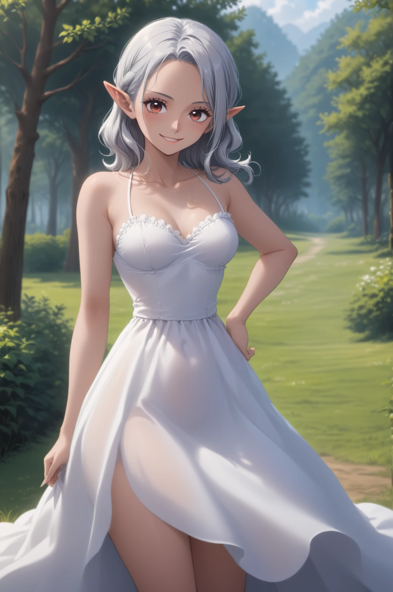 Erotic, 18+, nsfw, masterpiece, best quality, highres, aarurutie,1girl, wedding dress, white dress, standing, garden, smile, open mouth, short white hair, ahoge, elf ears, green eyes
