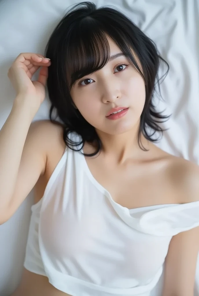 Japanese beautiful girl、Semi-short hair、Black Hair、Clear eyes、Half-open lips、Half-open mouth、White and grey floral tank top、Cleavage、Innocent expression、Looking up、bedroom、Shoulder Bare、Plump lips、Sleeping Beautiful Girl、Dreaming