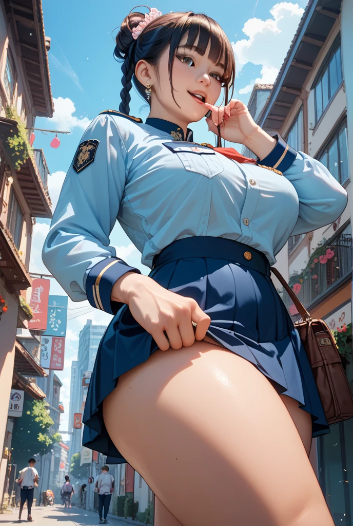 (((masterpiece, Highest quality, High resolution, 超High resolution, Perfect Pixel, Depth of written boundary, 4K, RTTX 10.0))), Beautiful Anime Woman, Beautiful art style, Anime characters, ((Smooth texture, Realistic texture, Anime CG Style)), Exact finger count、Exact number of legs、(Exact number of arms:1.0, Exact number of hands:1.0), (Perfect hands, Perfect Anatomy), Cinematic, Realistic, Extremely detailed CG, Daytime lighting, Perfect lighting, Best Shadow, The best natural light, whole body, Perfectly balanced style, A perfectly balanced body, (Slender body:1.2), whole body, ((bangs, Dark brown hair, Stylish and cute bob cut)), ((A cute woman is standing with her skirt lifted to show her panties:1.3)), ((Female police officer, uniform, limited cap, uniformのボタン, tie, uniformのジャケット), Leather shoes, Name tag, uniformのパッチ, Police Badge, boots, Epaulettes, uniformのスカート:1.3), ((Sexy and cute panties, (Stylish shiny light blue satin panties:1.2), Side-tie panties, Small lace panties:1):1.3), (beautiful and very large breasts:1.1), Feeling embarrassed, (blush:1.2), (Embarrassed expression:1.4), (In town, Cityscape:1.5), Angle from the front
