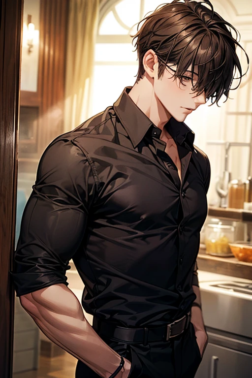 1male, black hair, dark skinned man, very dark skin, brown eyes, black hair, muscular body, cool clothes, casual pose, glasses, mature face, ikemen, smile, kitchen background, 4k, high resolution, rim lighting