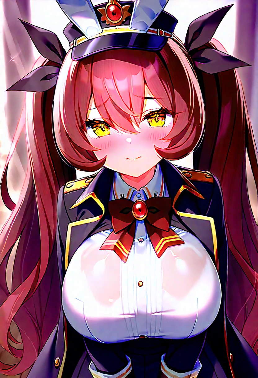 1girls, paizuri, 1boy, pov , ????? between the breasts, breasts squeezed together, in the room , marine_officer, heterochromia, office, smug, underboob, sweat, veiny ?????, tease face, horny , pubic hair marine_gothic, red dress, frills, detached sleeves, black gloves, corset, black ribbon, black bowtie