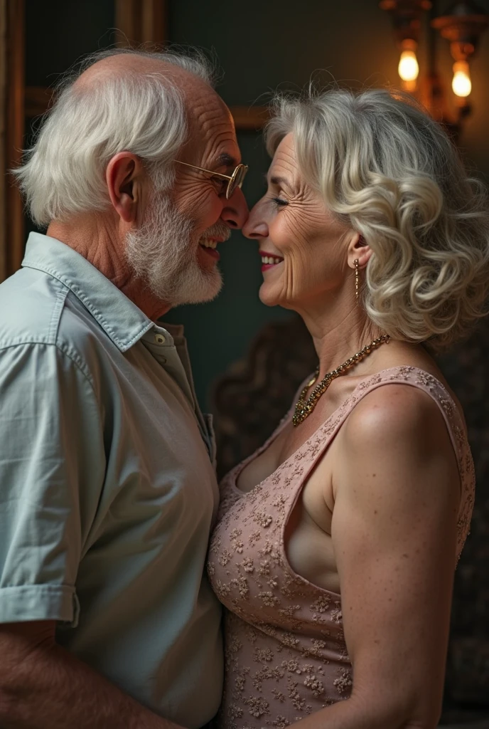 (Penis in middle of blouse:1.4), (gorgeous queen elizabeth 80yo) kissing a (man:1.5), (huge breast:1.4),(covered in cum on breast:1.4), Passionate, kneeling on a bed, making love, (nsfw:1.4), (((chiffon beige shirt))), lipsticks, Pearl Necklace