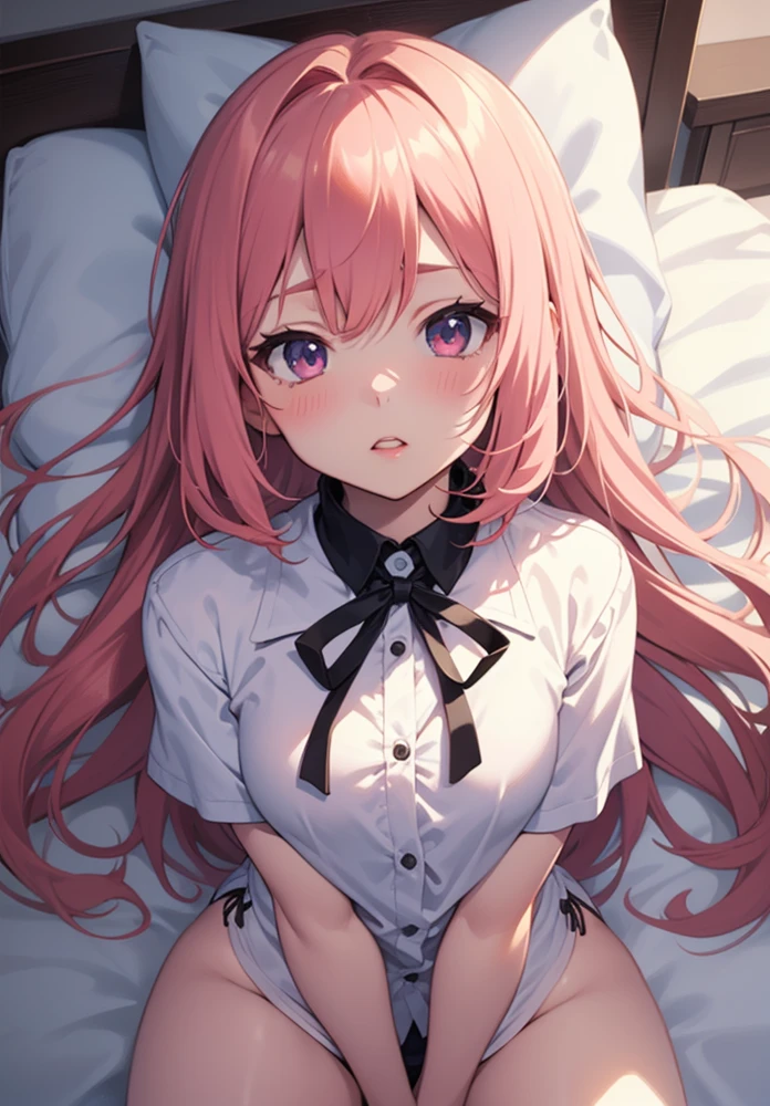 1girl in. Pink hair.Long hair.{Lori}.Short stature.tiny chest.white t-shirts.Skirt. (((masutepiece))).(((Best Quality))).)((Ultra-detailed))).(((Illustration))). (((Spread your arms))).(((a bed))).PILLOWS.Despair face.Opening Mouth.I open my eyes.evening glow.