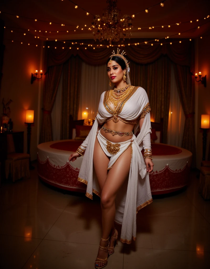 a woman in a white dress and gold accessories posing for a picture in a wonderfull african environnement , a beautiful woman in white, african domme mistress, stunning african princess, patron saint of 🛸🌈👩🏾, goddess queen, african queen, in style of nadine ijewere, wearing toga, goddess checking her phone, traditional beauty, mami wata, dressed in a beautiful white