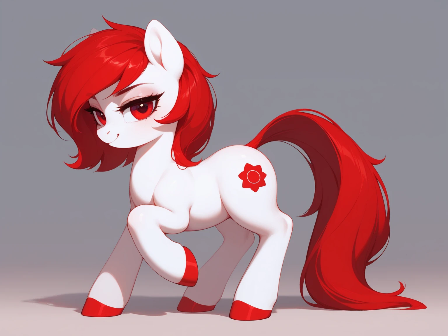 red hair, white body, red eyes, long hair, sky face, stockings, shy pose, panties, cameltoe, behind view, my little pony