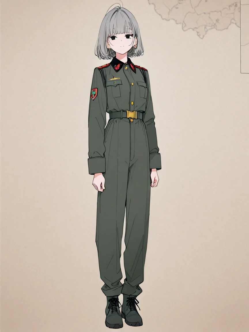 Russian cyberpunk girl with brown Soviet uniform (cyka blyat) character, multiple poses and expressions, anime book illustration style, simple, cute full color, brown shoes, brown clothes, flat color, no outline.