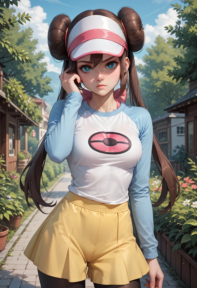 <lora:add_detail:0.4>,<lora:breastinclassBetter:0.4>, <lora:rosa_(pokemon)_v10:0.8>, photorealistic, hyper realistic, RAW photo, intricate details, absurdres, realistic anime, perfect anatomy,ro1, girl, black legwear, blue eyes, blush, bracelet, breasts, brown hair, collarbone, diffraction spikes, double bun, glint, hand on hip, legwear under yellow shorts, lens flare, long hair, looking at viewer, open mouth, hip high pantyhose under yellow shorts:1.3, pink background, pink bow, raglan sleeves, red background, rosa \(pokemon\), round teeth, shirt, short yellow shorts, yellow shorts, simple background, smile, solo, sparkle, sparkle background, sparkling eyes, sparks, standing, twintails, upper teeth, v, very long hair, visor cap, watch, wristband, wristwatch, yellow shorts, 18 year old female, pubis mons, camel toe, erected nipples, highly detailed hair, highly detailed face, SFW
