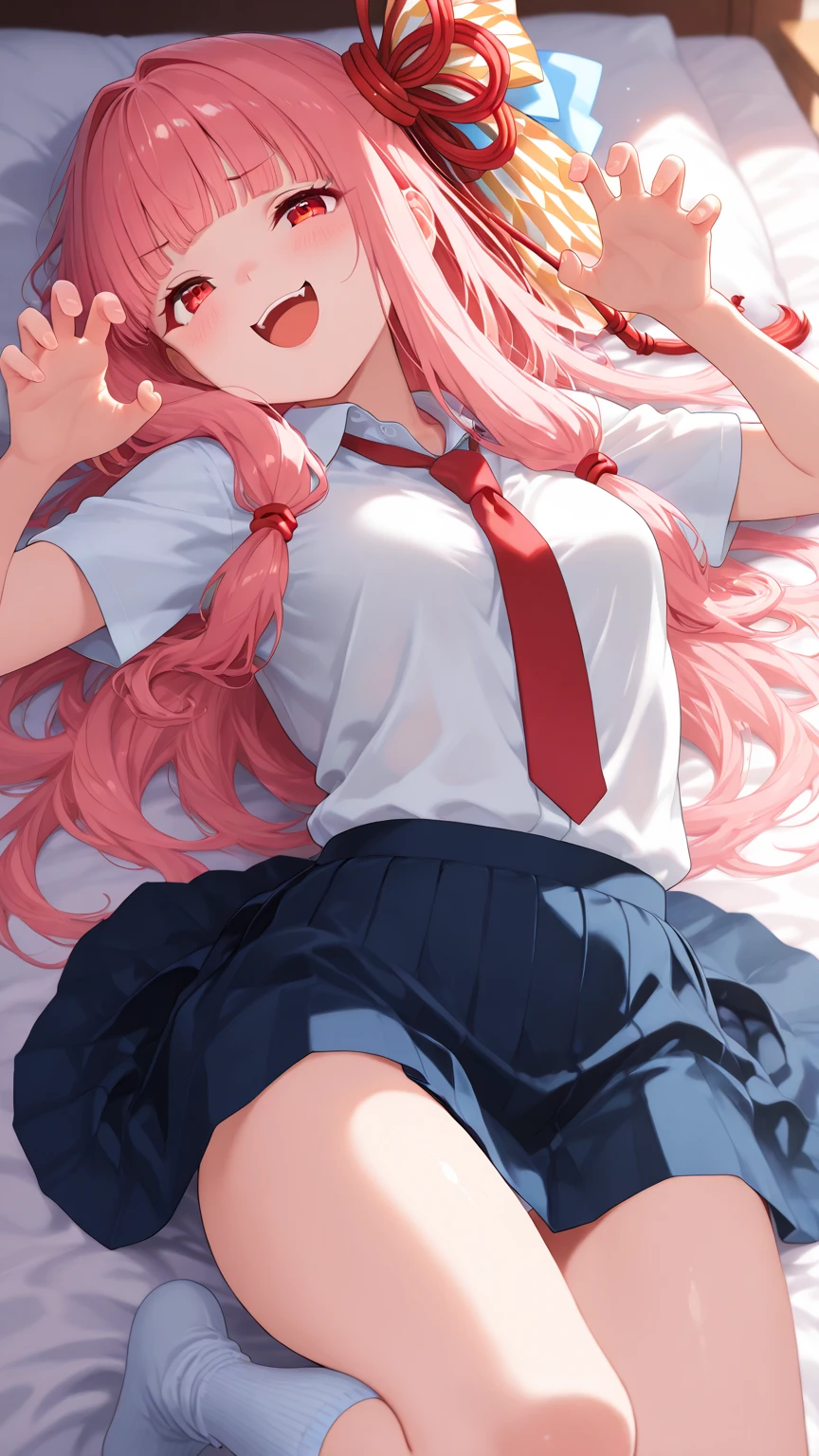Masterpiece Top Quality High Resolution、Anna Tanaka , long hair, sit with both knees bent、eight-headed body、beautiful feet 、In the school、As if looking up from below、embarrassing、red underwear、white socks、showing sole、