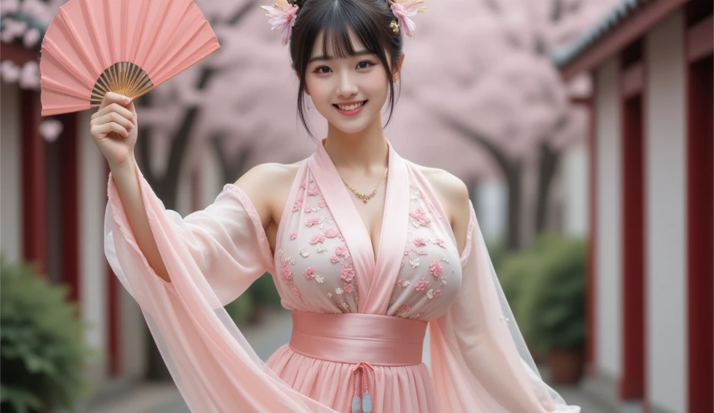 (zydG),ticker:1.2,(hyper realistic:1.50),(Reality:1.4),best quality,muste piece, ultra high resolution (It's photorealistic: 1.4),20 year old beautiful woman,(BREAK brown hair color,loose hairstyle,long hair down to the waist),((BREAK hard plastic glossy silk white floral pattern ao dai)),(BREAK bright hair ornaments),(big breasts,emphasized cleavage,Plump body type,model body shape,Curvaceous,弾ける弾力のbig breasts),(BREAK outdoor Ho Chi Minh City background:1.10),natural makeup,blush,shiny skin,round face,big eyes,droopy eyes,very cute,An outstanding smile,