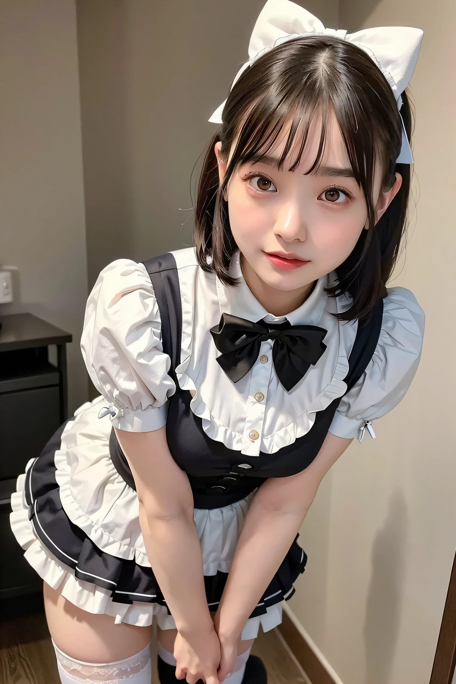 best quality, masterpiece, 1 girl, perfect beautiful face, (photo photo:1.3), edge lighting, photography lighting, (high detail skin:1.2), 8k ultra hd, DSLR, high quality, high resolution, white skin, detailed textured skin, half body in frame, sexy posing, poker face, perfect propotion face, symetric face, eye level shot, 4k, 8k, bokeh, absurd, best ratio four fingers and one thumb, (realistic:1.3), beautiful detailed girl, cute 1girl, dark brown hair, long hair, ponytail, bangs, volume hairs, collosal-breast, full looking breast, projecting breast, slim waist, slender, small thighs, perfectly proportion, mansion kitchen interior background, detailed background, standing, frontal posing, direct gaze, ponytail, cat ears, pantyhose, maid, apron, cosplay, maid apron, realistic, dress, fake animal ears, bow, see-through legwear, skirt, short sleeves, maid headdress, frills, nvpu, 1girl, solo, maid, cosplay, maid headdress,maid apron, neck ribbon, bow, ponytails, projecting chest, hands behind back
