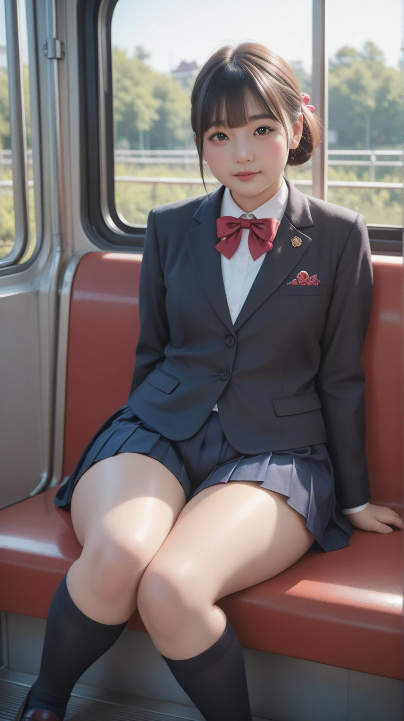 (8k), (highest quality: 1.2), (Realistic), (Realistic: 1.37), Ultra-high resolution, 1 girl, cute, Embarrassed smile, Blushing,Mouth closed, Peach-colored lip,Beautiful details, Beautiful Nose, Beautiful black hair, bangs,handsome short hair,Giant Dulcefo, pork, Thighs，Self Snap,University uniform,Sitting on a train in Tokyo,simple blazer,Pleated skirt,(The pattern of the skirt and tie is a tartan check pattern....:1.3),Crossing your legs, From above,(Thighsにクローズアップ),(光沢のあるThighs),(Opaque blue knee-high socks:1.2),Put your face forward