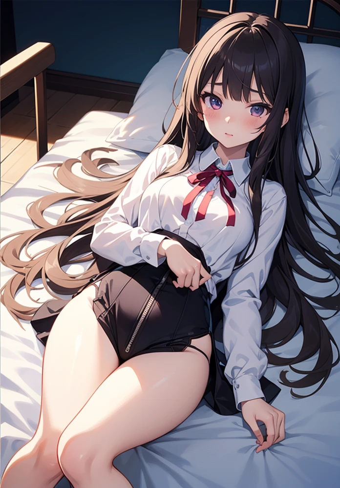 highest grade、masterpiece、HDTV、(full bodyesbian)、frontage、bilaterally symmetrical、Mature tall high school girl、独奏、(頭からつま先までのfull bodyesbian姿)、small tits、Longhaire、slightly disheveled hair 、(Black tights)、(black pantyhose)、Black pantyhose、Composition showing white panties、Slender and long beautiful legs、Composition from above the white bed、Composition of sleeping with legs stretched out、A very beautiful and tall 17 year old girl、(feet without shoes)、blushing、shy big eyes、 (bangss)、Unkempt hair、(hair clips)、Looking at the camera、Show white pants、White ruffled lingerie、High School Uniform Blazer、high school uniform white blouse、Blue ribbon on high school uniform、 High school uniform with short plaid pattern and navy pleated skirt