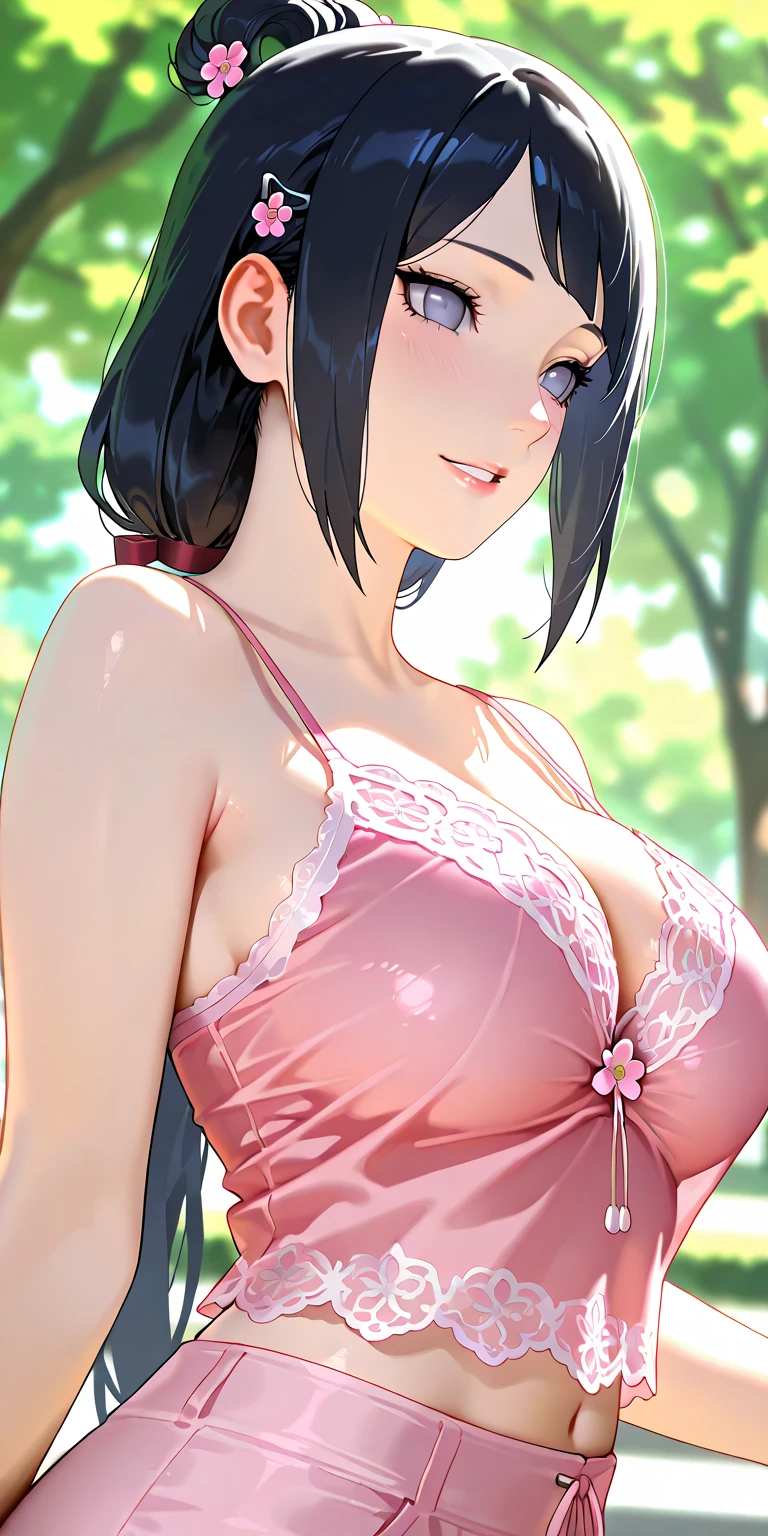 tmasterpiece, hoang lap, hyouka\(Boruto\), 1girll, solo,a mature female, Purple slip dress,cleavage,Large breasts,Brown pants,exteriors,Lavender flower field, looking at viewert, (Falling petalostly cloudy sky, perfect compositions, Detailed lips,, beauitful face, Body support, Be red in the face, (redish pink lips), long whitr hair, White eyes, Soft gaze, Sad smile, Super realistic, A detailed, photoshoot, Realistick faces and bodies, photo-realistic hair, photorealistic eye,realistic nose,realistic lips, nipples, cameltoe, (arm behind head:1.5), armpits, (((bangs hair)))