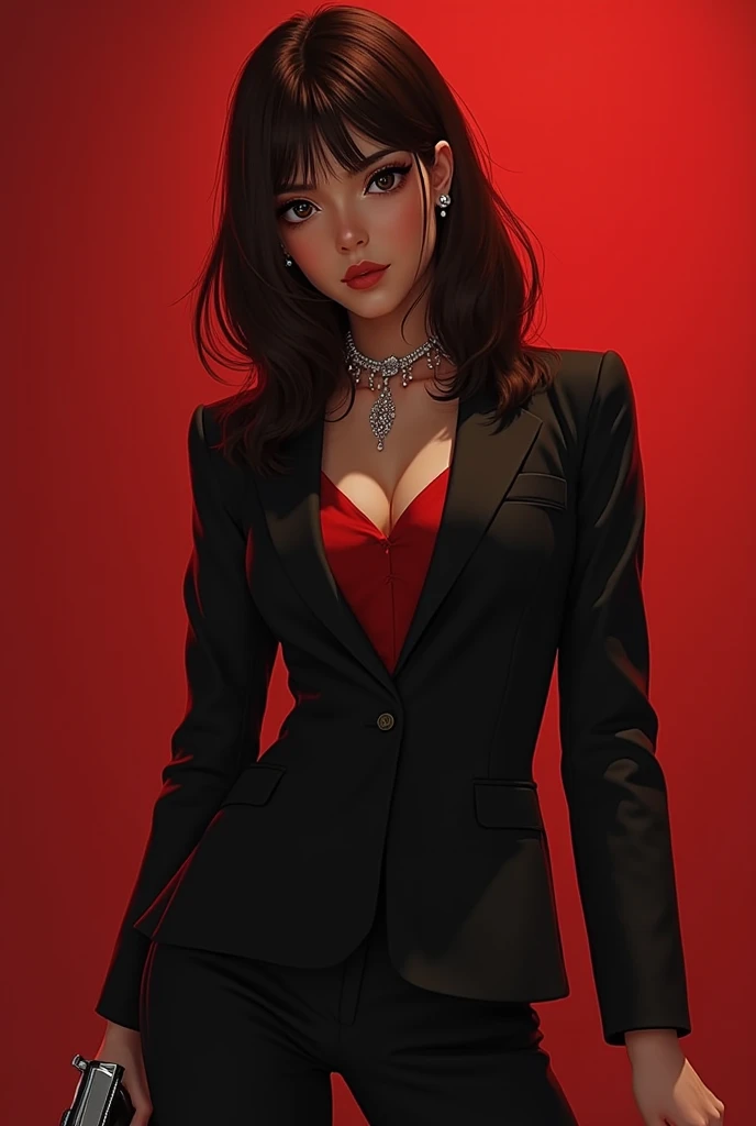 a beautiful woman in a red spaghetti strap dress, long black coat, detailed face, stunning eyes, luscious lips, gorgeous figure, flawless skin, dynamic pose, dramatic lighting, cinematic composition, vibrant colors, oil painting, photorealistic, hyper detailed, 8k