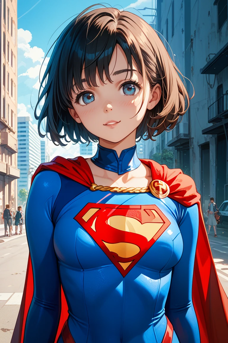Supergirl、woman、22 years old、woman体型、profile、Moderate bust、Upper Body、Blonde、Mechanical Suit、Highest quality、Masterpiece、scenery、City、rain。