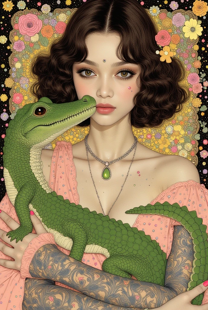Create a drawing of a lizard inspired by Inês Brasil wearing red lipstick, Short straight hair, cropped from Brazil and the mole near the mouth and with a name that refers 