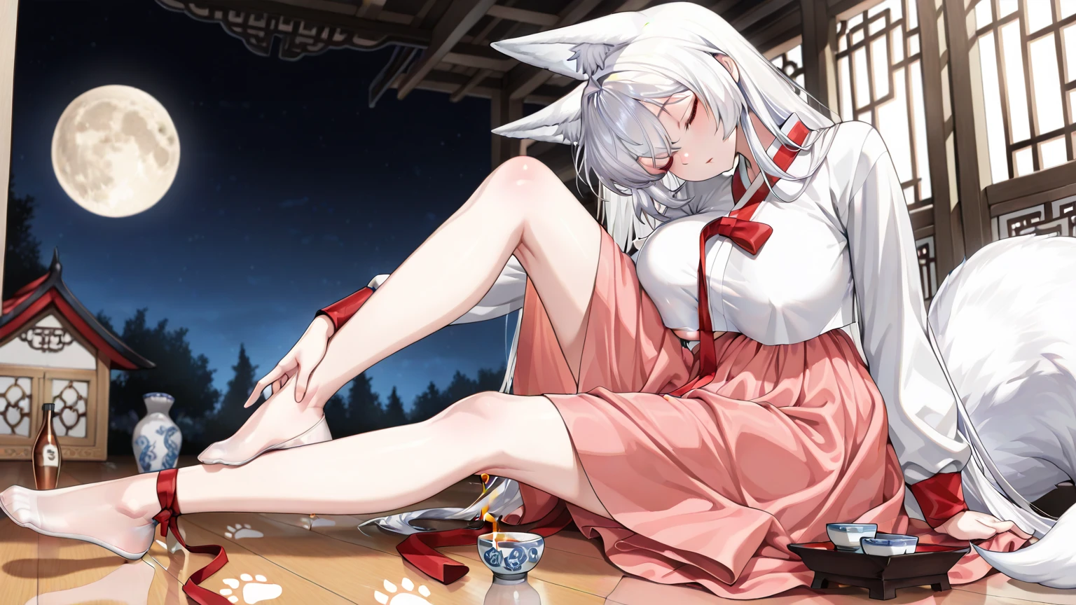 tmasterpiece,A high resolution,best qualtiy,Single female,cat ear,White tights,pondering,White color hair,red pupils,complete,tigh-high boots