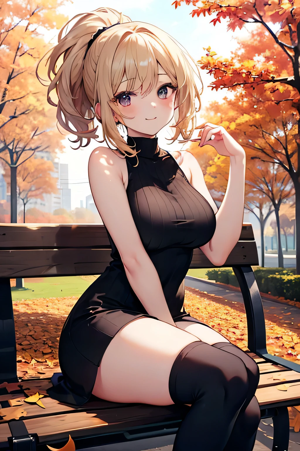 Tabletop, highest quality,figure, wallpaper, Super detailed, Absurd beauty、1 beautiful girl、 (Blonde、Medium Hair、Braided hair、Wavy Hair、Ample breasts、Very large breasts、clavicle) , Hair blowing in the wind、Keep your head small、Accentuate your cleavage、Casual clothing、Off the shoulder、White straight neck sweater、Black Skirt、Sit on a bench、Laugh with your eyes closed、smile、Shyness