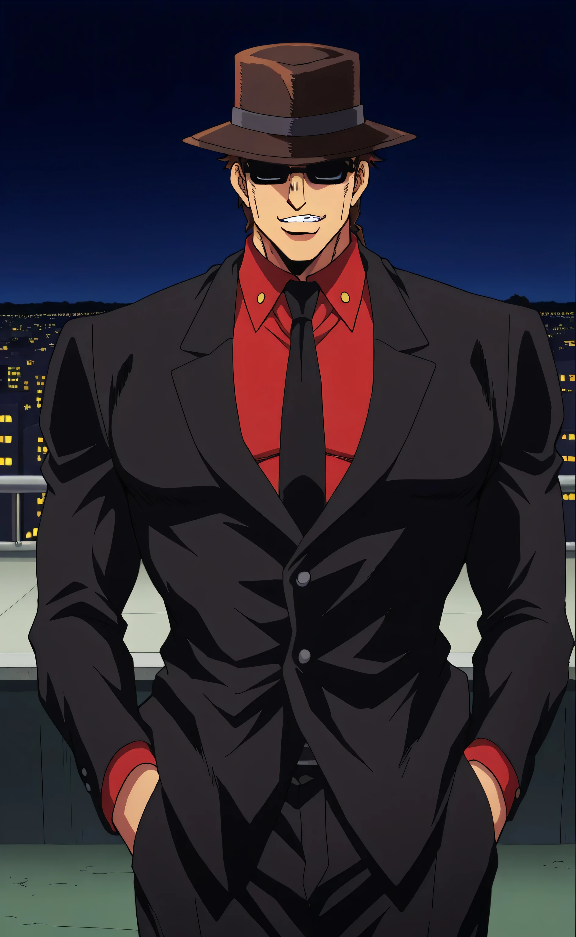 1male,solo,vodka,sun glasses,black glasses,not eyes,brown hair,black fedora hat,black suit,crimson shirt,black necktie,Smirk,big muscle,big guy,rooftop,night,Jojo's Bizarre Adventure Style
