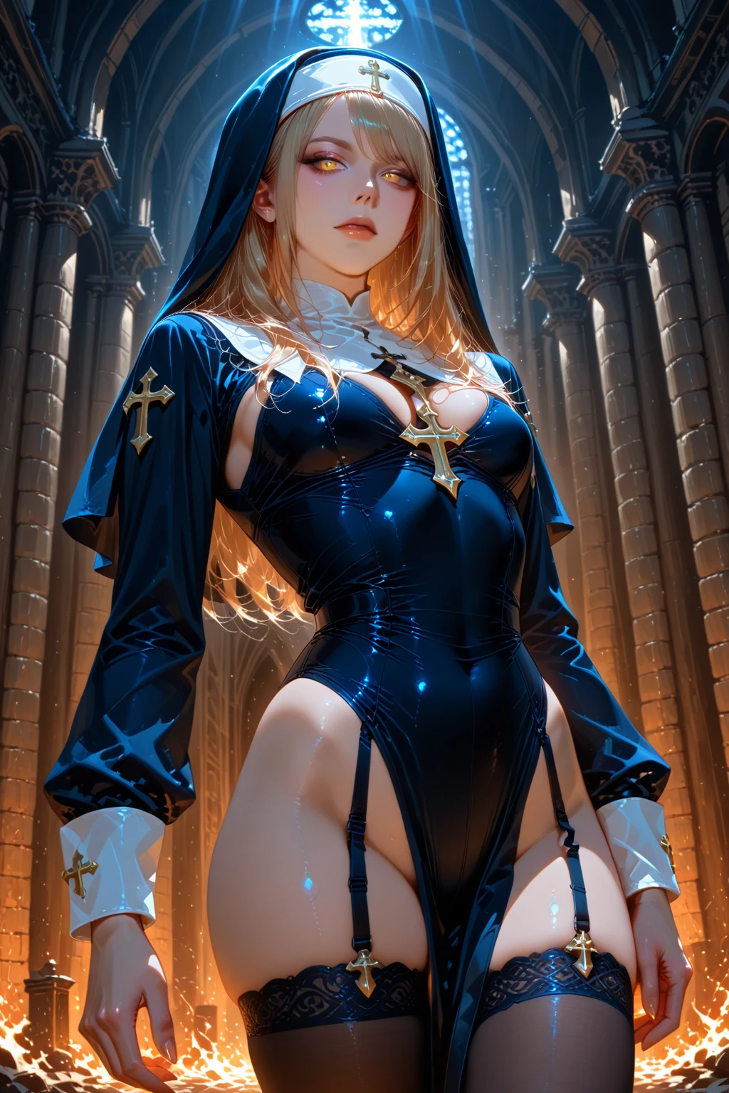 work of art, best qualityer, work of art,best qualityer,offcial art,Extremely detailed CG 8k unity wallpaper, Realistic, Real, absurderes, milf, nun, long hair, Breasts huge, wart on chest, separate breasts, just_flegs, side – bikini bottom with ties, ribbons-garter, white ribbons-garter, hand on someone else's hip, spread flegs, squatting down, bent_about, thigh vibrator, cos_writing, Describe a scene where a female vampire from the Tremere clan, with aristocratic features and mesmerizing eyes, is to seduce someone in a dark and mysterious environment. She is dressed in elegant clothes and displays an aura of power and mystery.... Your gaze is penetrating and seductive, as she uses her manipulation skills to lure the victim closer, involving her in a dangerous game of desire and fascination. The atmosphere around you is charged with tension and excitement., with shadows dancing around, further enhancing the atmosphere of seduction and mystery, wearing red lingerie, nsfw, high heel boots