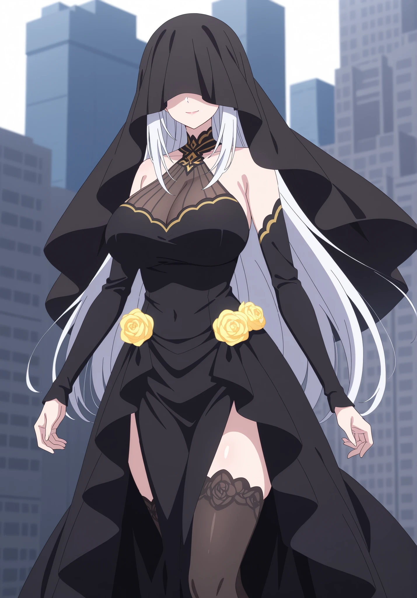 score_7_up, anime screencap, Satella, adult ReZero, 1girl, Anime, Mature Female, closed mouth, light smile, lips, black veil, black thighhighs, sleeveless black dress, white hair, long hair, huge breasts, yellow rose, standing, white background, long sleeves, rose, simple background, opaque veil, halterneck, veil over eyes, city,
