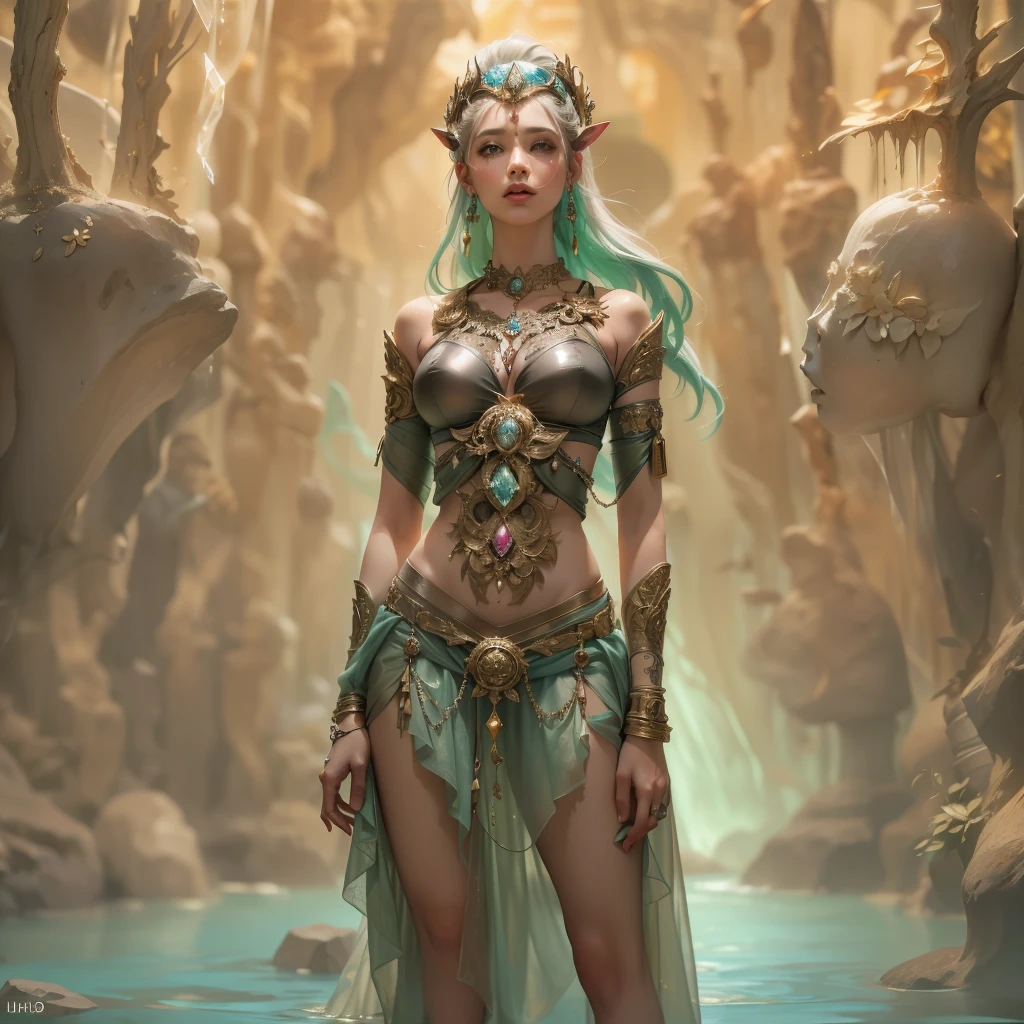 Warcraft Character, Beautiful sweet zombie girl Fari banx with big bare breasts, beatiful face, shapely body, Magic Staff in Hand, Light, Magic, mage, Elegant body, Egyptian woman, Egyptian pyramids, desert, mini skirt, fishnet stockings, Ornaments, Patterns, Magic, is beautiful, Magic, Chic, beautiful blue eyes, Sexy ,a lot of details, extreme hight detail, saturated colors, Professional lighting, photo realism, Fairytale atmosphere , jour