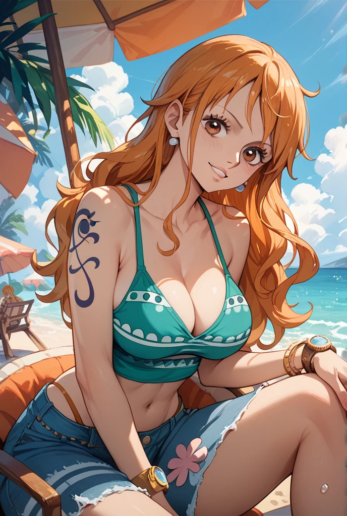 detailed background, masterpiece, best quality, 1girl, solo, nami \(one piece\), 1girl, bangle, bangs, bare shoulders, belt, bikini, bikini top only, blue sky, bracelet, breasts, brown eyes, bubble, cleavage, cloud, cowboy shot, day, denim, earrings, floating hair, green belt, green bikini, groin, jeans, jewelry, large breasts, log pose, long hair, looking at viewer, navel, orange hair, pants, shoulder tattoo, sidelocks, sky, smile, solo, standing, stomach, swimsuit, tattoo , looking at viewer, llchar
