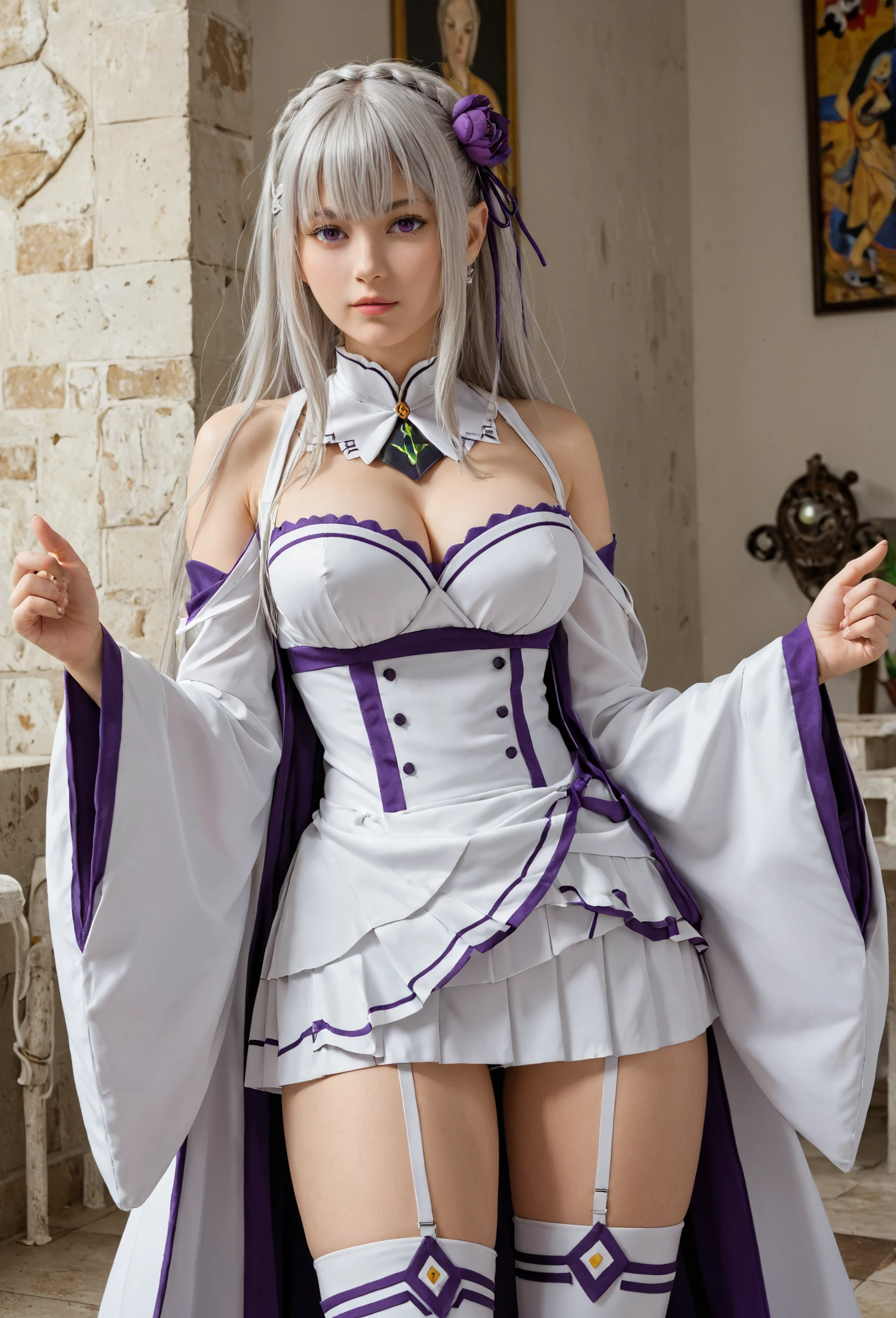 girl with long white hair, white dress with purple edges