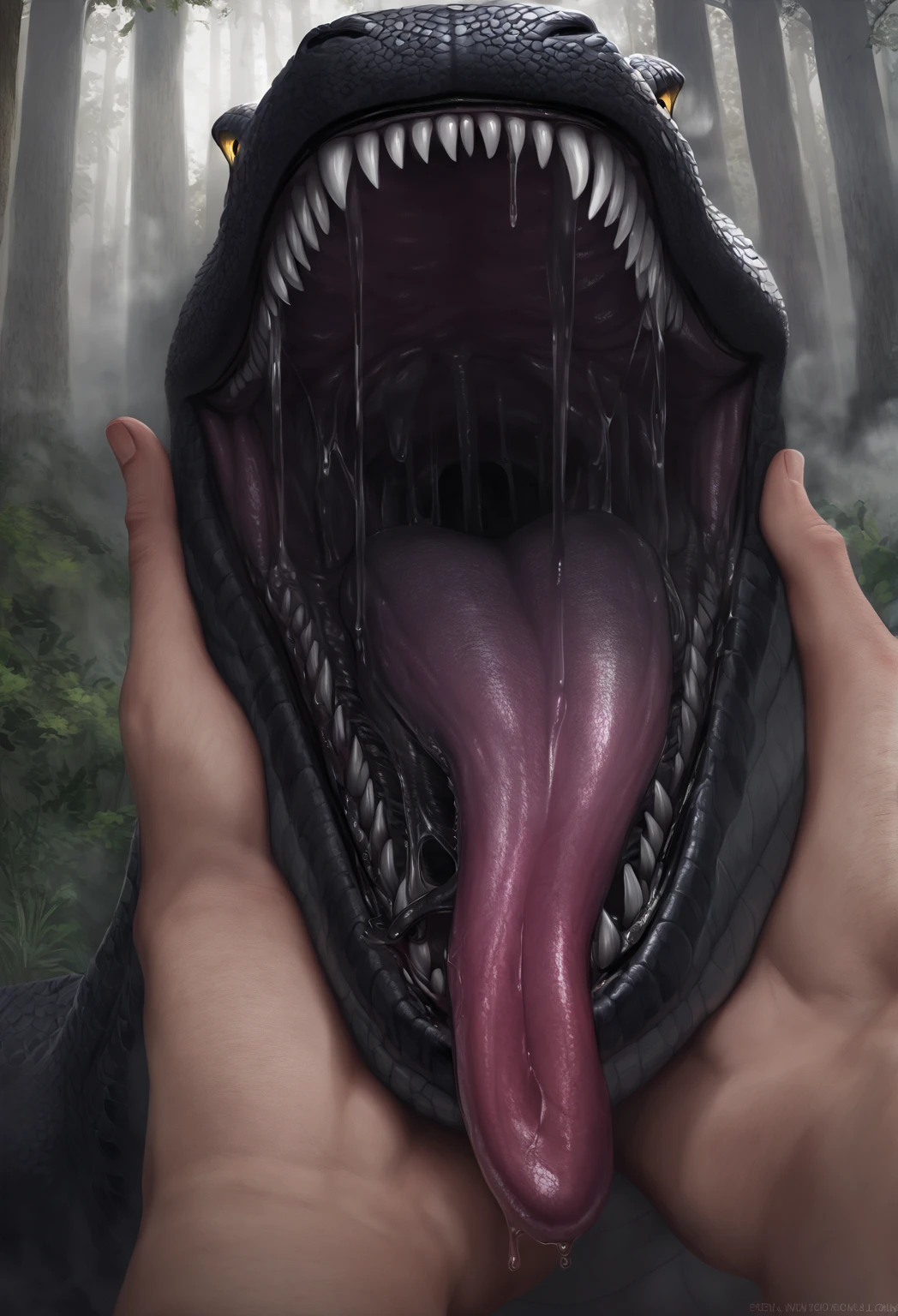 Human first person perspective.Can be lifted by hand.Giant Dragon.Closing Arms.Wild.Sharp teeth.Huge body.Approached.Black mouth.Slimy Throat.Bright throat.scales. A slimy tongue licks me. Open Mouth.Get on your tongue.Physical Difference.naked.Stretch out one hand.A big tongue wraps around my arm.Dripping saliva.Evil yellow eyes staring.The mouth comes closer.Swallowed Whole.prey.Hot breath.差し迫ったSwallowed Whole.drool dripping. Shadows Spread.Hot breath.fog.A terrifying growl. Enveloped in darkness.Touching the tongue.Uplifting.forest.nature.Realistic.sense of distance.Detailed mouth.(masterpiece.Highest quality.)
