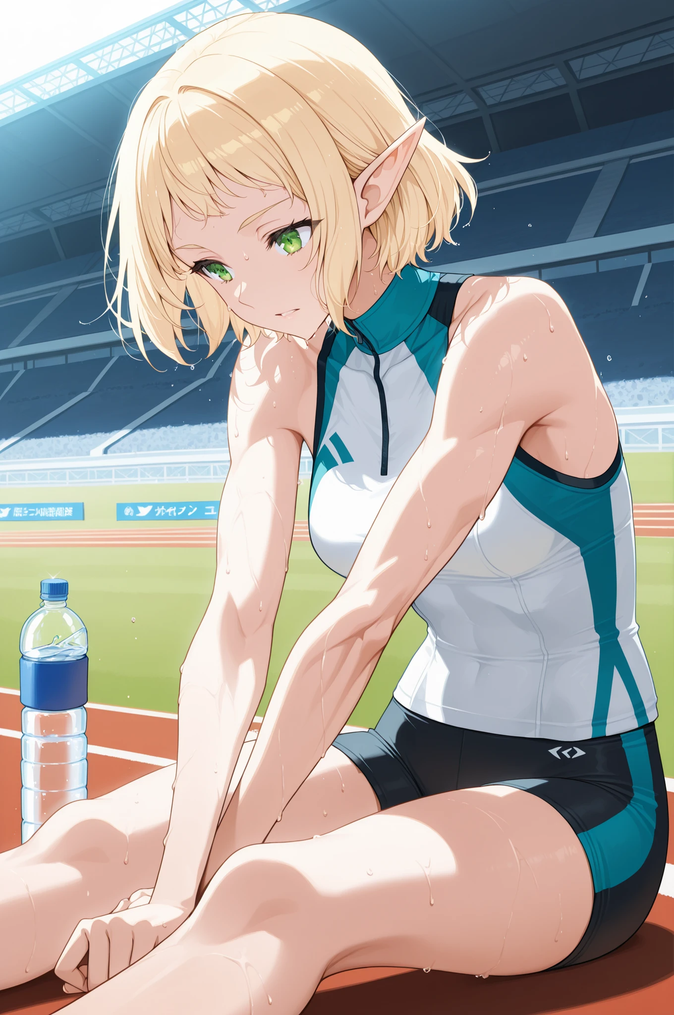 A female elf sprinter with short blonde hair, taking a break after intense summer training at a track stadium. She is wearing high-performance athletic wear: a tight-fitting sleeveless top and compression shorts, with running spikes. Her pointed ears peek through her hair. She is sitting on the ground, stretching her legs with sweat glistening on her skin. The hot summer sun casts strong shadows on the track. A water bottle and towel lie beside her. The scene conveys focus, fatigue, and dedication. anime style, dynamic lighting, muscular yet feminine, sports photography aesthetic, summer atmosphere, stadium background