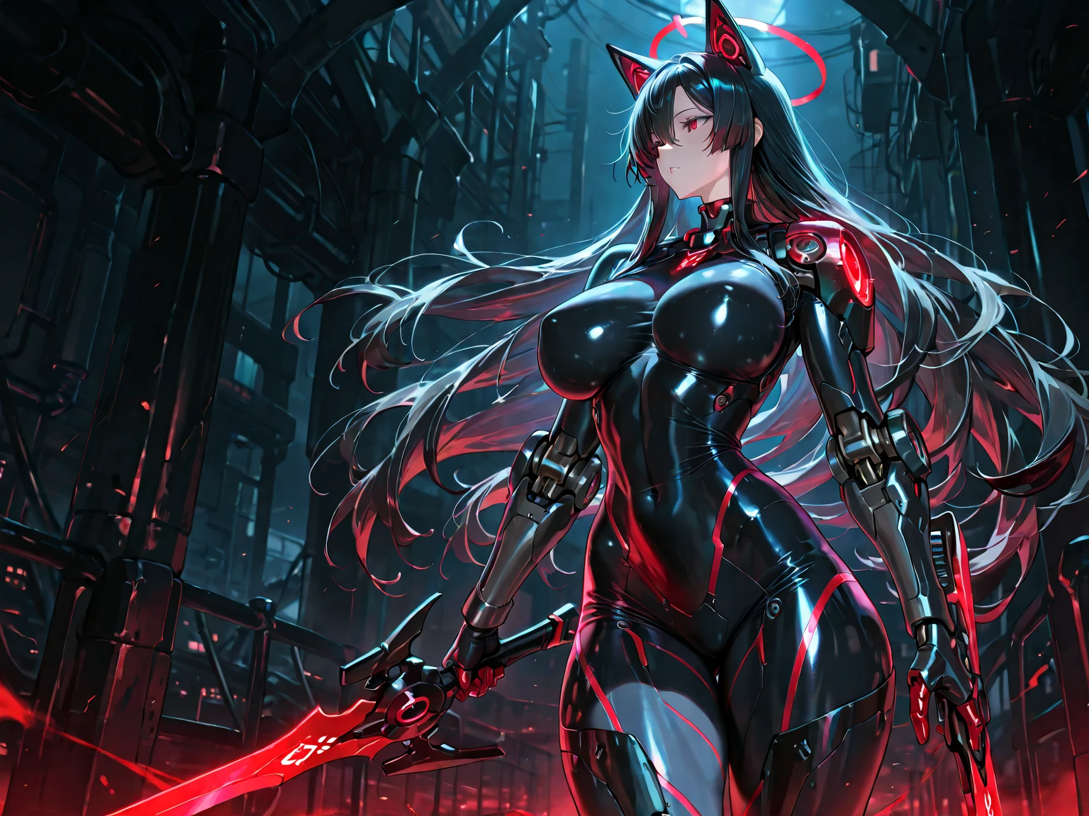 1 Japanese girl, Warframe, Complex patterns, heavy metal, Energy Line, The Faceless, Glowing eyes, elegant, intense, Blood red and black, Solitary, Modern, City, street, dark clouds, thunderstorm, Heavy rain,, Dramatic Lighting,, (masterpiece:1.2), best quality, high resolution, Exquisite and detailed, Extremely detailed, Perfect lighting,