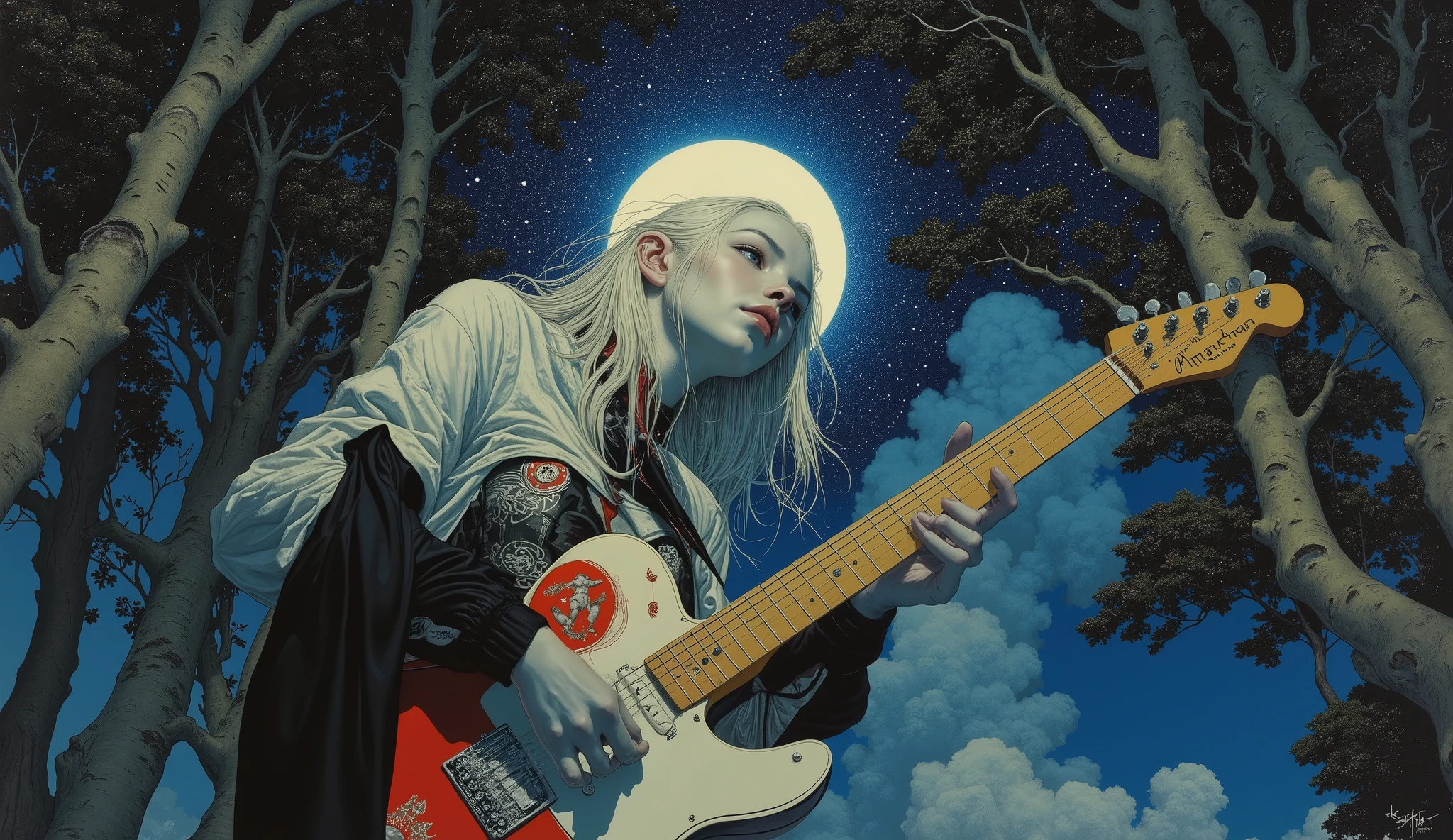 (( Bartolomé Murillo)) ((Cyberpunk's)), unique , In the woods starry sky, halo, , , ,sexy, , Blonde Long, ((Bartolomé Esteban Murillo style)), darkness,SF, ((top quality, masterpiece)), (More Rights , 高details), 8,000,Canvas Oil Painting
Her porcelain-white skin、Glowing Softly, Extraordinary Beauty . sexy((top quality)), ((masterpiece)), ( details),two female persons, guitarist & vocalist , ,30yers old, beauty, information(masterpiece, Best Quality, bst quality, Official Art, beautiful and aesthetic :1.2), ( 1 girl), Extremely Detailed ,( Fractal Art :1.3),colorful, Best details, Alphonse Mucha , black Hair, blue Eyes 、zodiac, Elegance, clear, Elegant, playing a fender electric guitar , slim legs, super low angle,