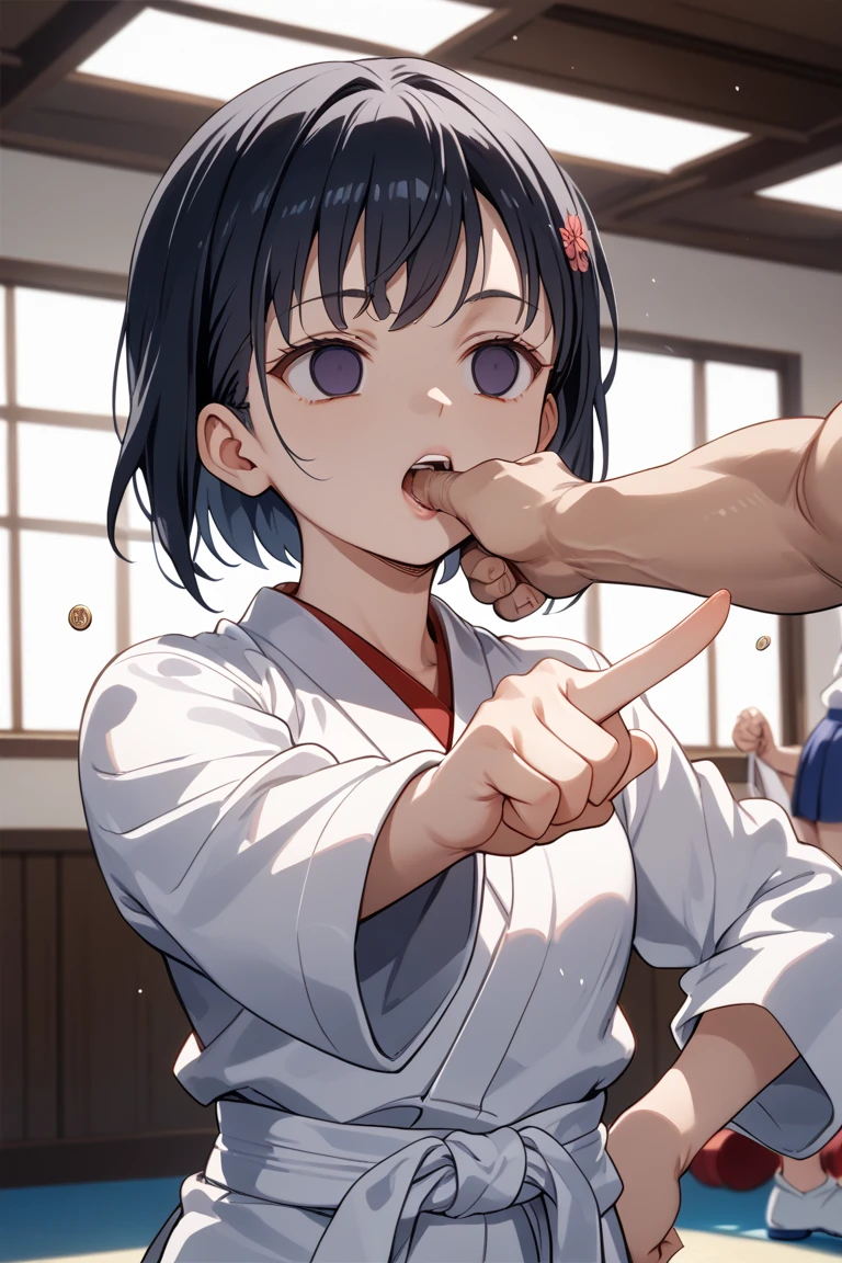Two boys attack a girl、、The girl is almost naked、The boy is wearing a kimono and his penis is fully erect、Open kimono、Embarrassed、Gingin
