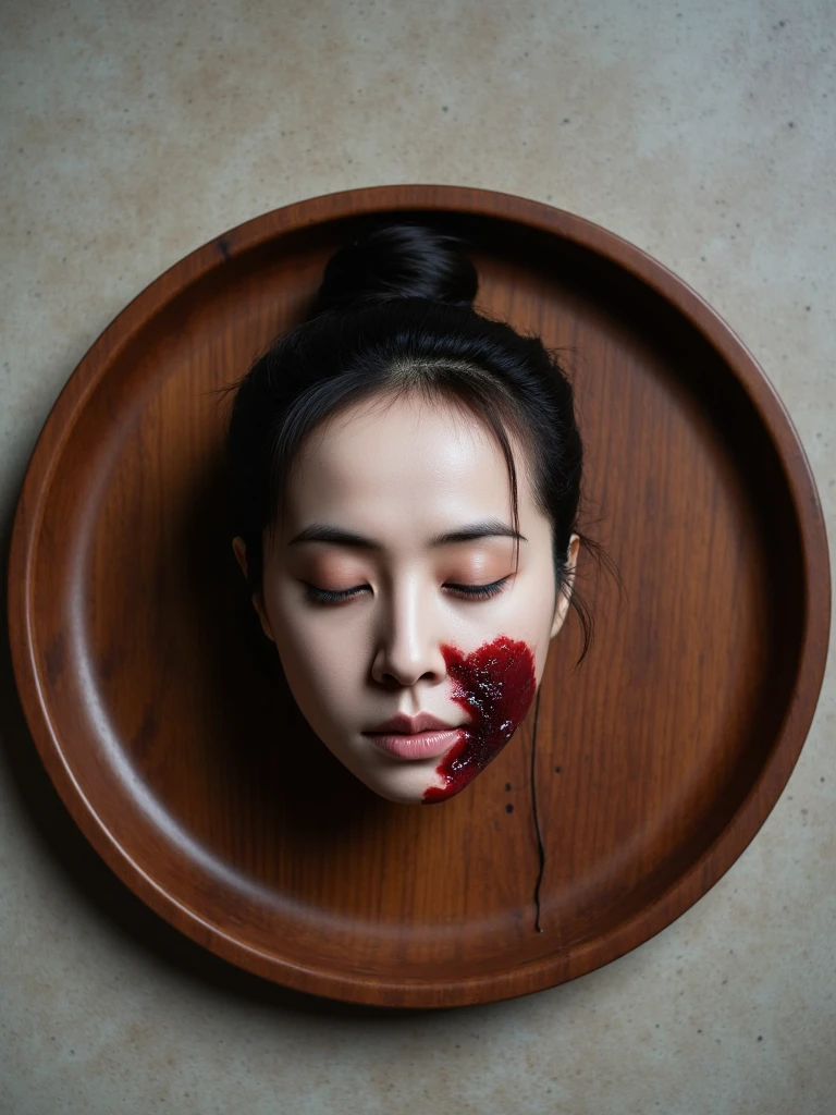 decapitated female head on a plate, pretty asian, covered in flesh, , ((eyes closed)), served like a food dish, bloody, photorealistic, 4K, Nikon, horror, ahegao face, with front shooting angle, very realistic, (complex detail: 0.9), (hdr, hyperdetail: 1.2), RAW, Sony Alpha a9 II, 24-105mm f/4, HDR,