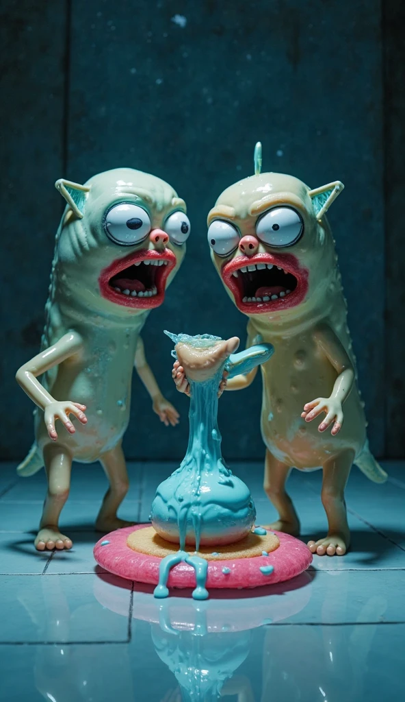 a character that is a toilet with a human head coming out of it, fighting against a cat character with a skinny human man&#39;s body and a big belly with blue skin, white pants and white smurf hat