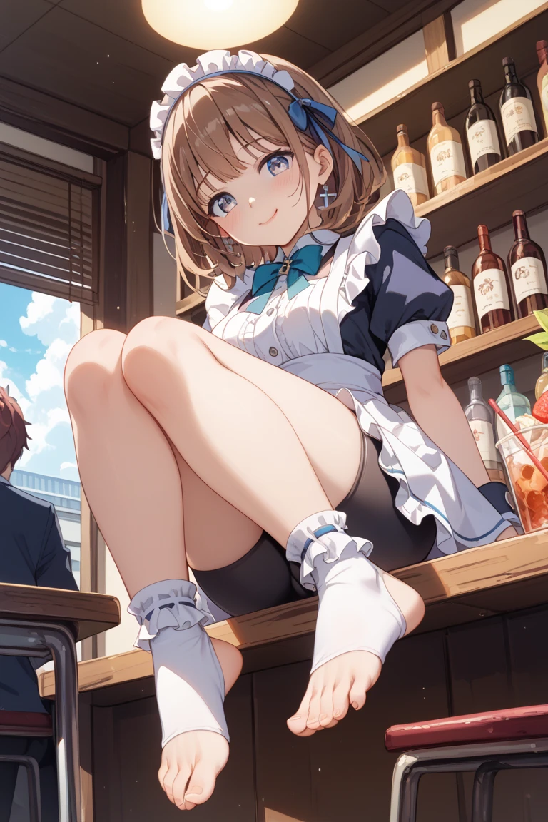 (((masterpiece, Highest quality, High resolution, 超High resolution, Perfect Pixel, Depth of written boundary, 4K, RTTX 10.0))), Beautiful Anime Woman, Beautiful art style, Anime characters, ((Smooth texture, Realistic texture, Anime CG Style)), Perfect and accurate finger count、Exact number of legs、(Exact number of arms:1.0, Exact number of hands:1.0), (Perfect hands, Perfect Anatomy), Cinematic, Realistic, Extremely detailed CG, Daytime lighting, Perfect lighting, Best Shadow, The best natural light, whole body, Perfect body, バランのとれたPerfect body, Perfectly balanced style, Slender body, ((bangs, Reddish brown hair, Bobcut)), ((A cute adult woman drips pussy juice into a glass, peeing in cup:1.8)), ((Bow tie around neck:1.3), (Sexy and cute blue underwear:1.3), (Stylish shiny blue satin panties, Side-tie panties, Panties with plain blue center and lace decoration on the sides:1.3), (Thin panties:1.3), (Blue micro lace satin bra, Blue bra with lace trim around the edges, Thin bra:1.3), (lace garter belt, Garter Strings, Knee socks:1.3):1.3), (Beautiful big , Cleavage:1.1), (Embarrassed expression:1.7), blush, (Stylish restaurant, Many visitors in the background, Inside the crowded store, Full tables and chairs, Many men sitting at tables and chairs, The attention men are giving her:1.7), naked, In underwear, パンティとブラとガーターベルトとKnee socksだけ, (Maid Headband 1.3), Angle from the front
