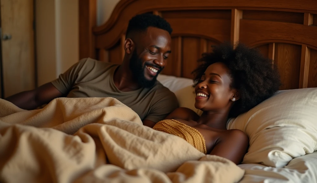 A black woman sits with her feet soles stretched out while getting tickled by her husband