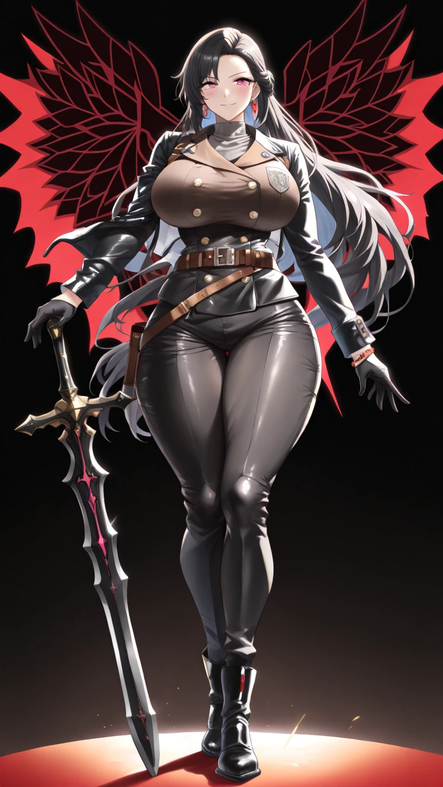 matoi ryuuko, dark armor, magical girl, dragon wings, kill la kill, red hair, large breasts, abs, wide hips, thick thighs, thick arms, pants, standing, black body suit, full body, boots,smile, pullover, miniskirt, black pullover,, black bodysuit, red hair, sword holding, bodysuit in the chest