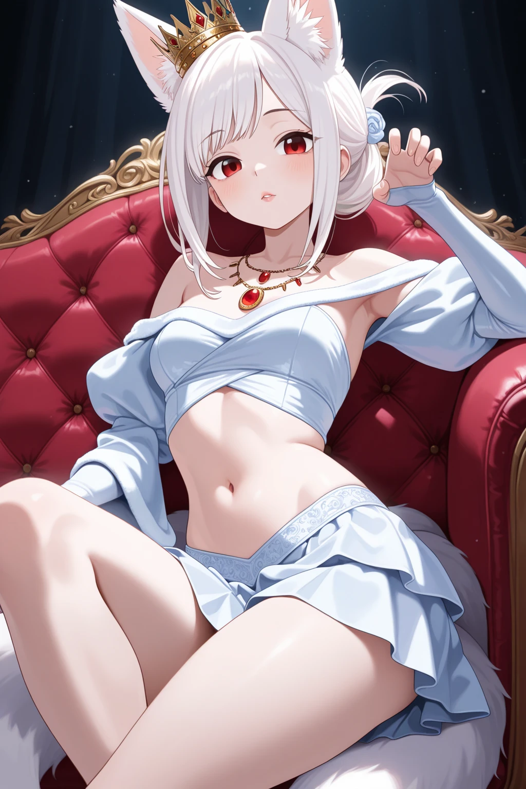 1 girl、、solo、Silver Hair、short hair、Red Hood、Food Up、Red dress、Skirt basket、Naked Medium Tits Full Body Small Nipples Sofa