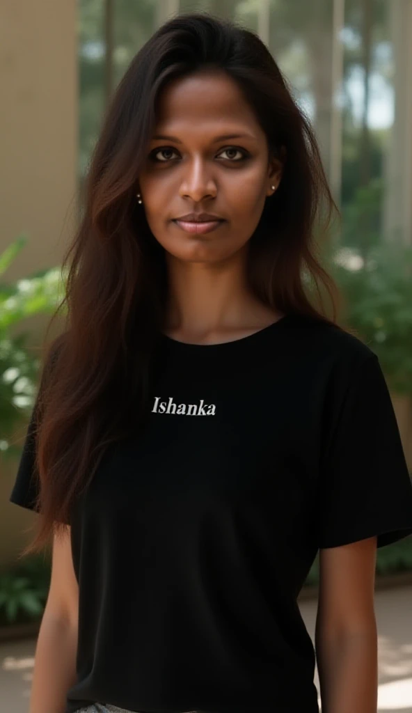 masterpiece, best quality, 1 girl, solo, beautiful African and sensual Asian mixed 19 year old, ebony skin female, wearing blue t-shirt, looking dreamy, sensual, long, frizzy, curly dark hair, perfect face, long hair
