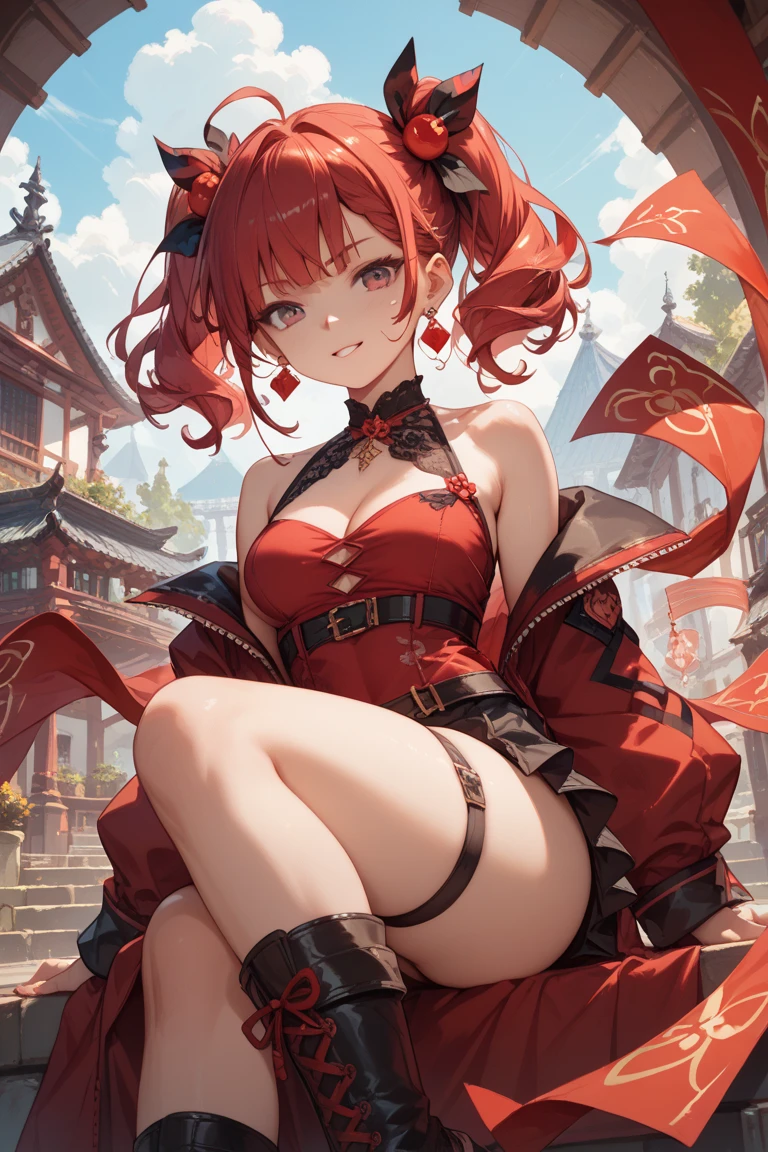 ((Highest quality)), ((masterpiece)), (detailed)One Girl, alone, ((Houshou Marine)), Long twin tails, (Red hair ribbon), Large Breasts, smile, Thighs, pirate hat, Red mini skirt, Belly button、Cleavage、Black knee-highs、Spread your legs,The underwear is black