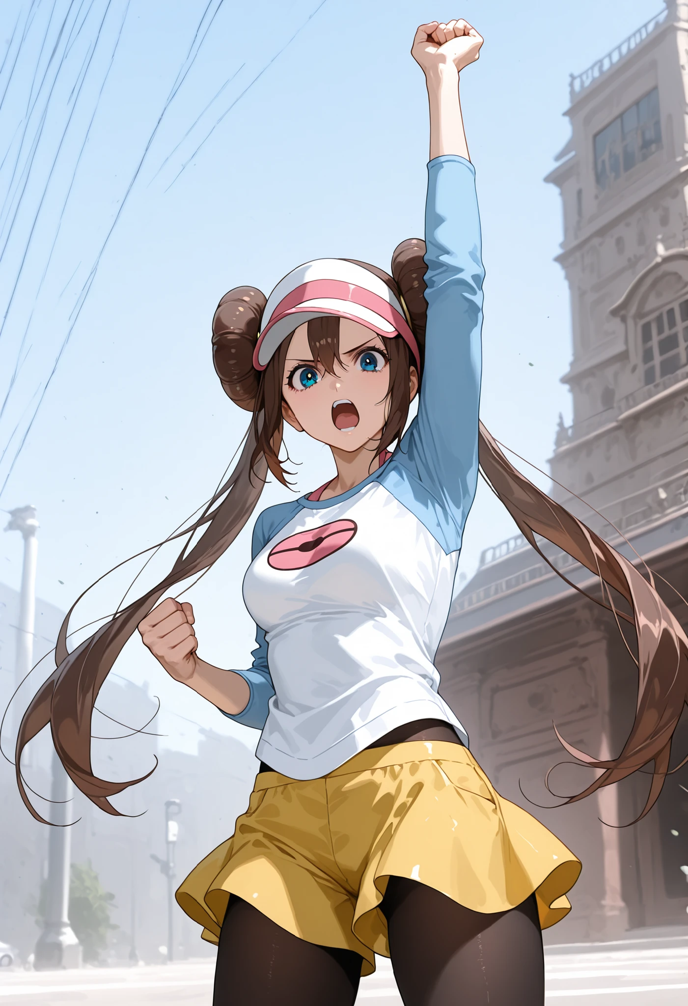 score_9, score_8_up, score_7_up, nh, arm up, clenched hand, 1girl, solo, outdoors, rosa, serious, yelling, brown hair, double bun, doughnut hair bun, hair bun, blue eyes, hair between eyes, twintails, pantyhose, pantyhose under shorts, raglan sleeves, yellow shorts, white shirt, blue sleeves, long sleeves, visor cap, looking at viewer, cowboy shot,