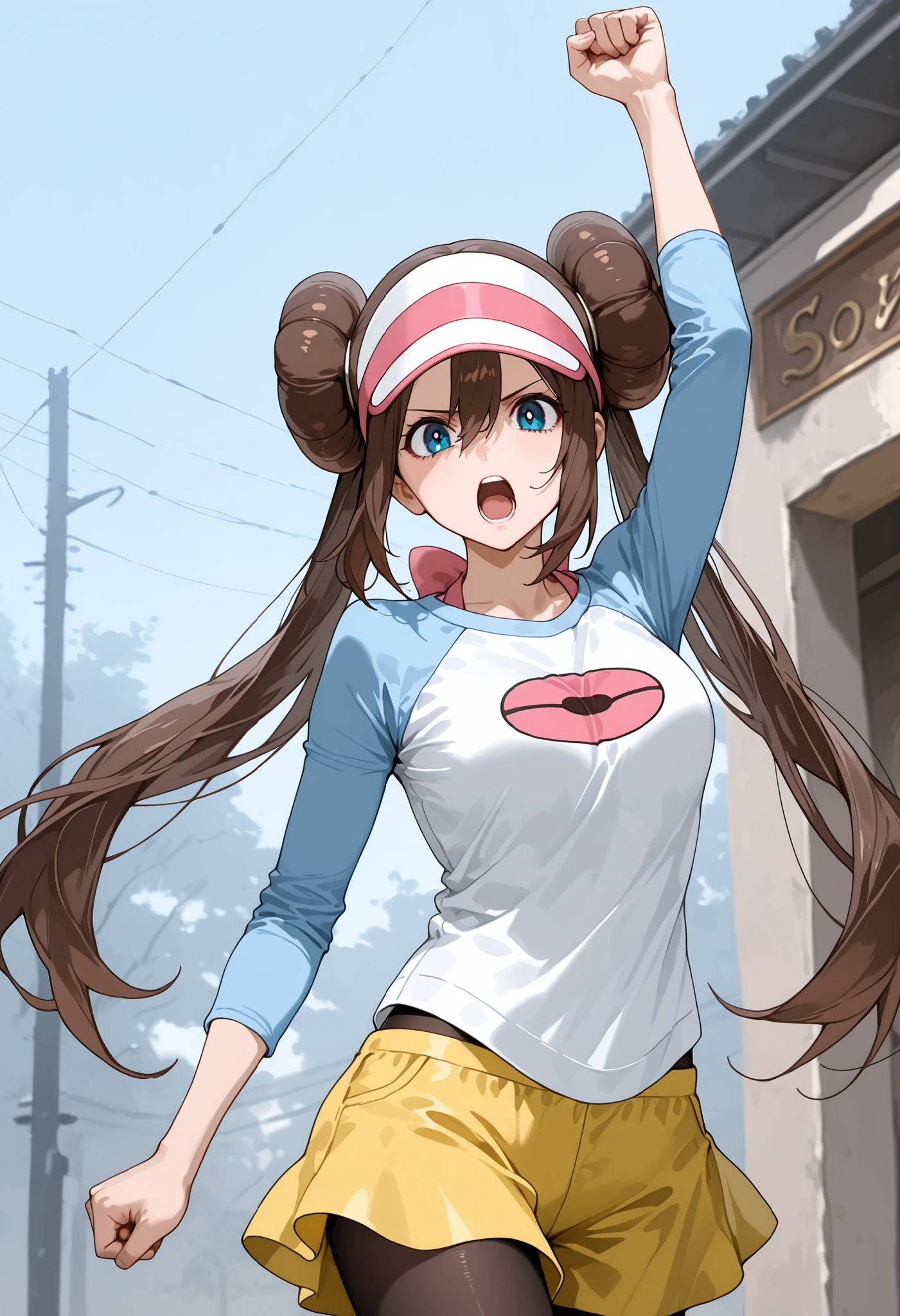 score_9, score_8_up, score_7_up, nh, arm up, clenched hand, 1girl, solo, outdoors, rosa, serious, yelling, brown hair, double bun, doughnut hair bun, hair bun, blue eyes, hair between eyes, twintails, pantyhose, pantyhose under shorts, raglan sleeves, yellow shorts, white shirt, blue sleeves, long sleeves, visor cap, looking at viewer, cowboy shot,