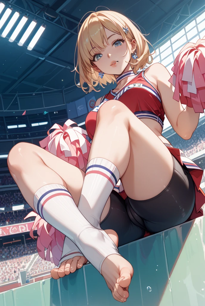 (high quality1.4), (finely detail:1.4), nsfw, 1 girl,oshino shinobu, monogatari \(series\), smile, solo, on one knee, ((torn pink cheerleader)), ((pleated skirt)), small breasts, erectile nipples, (cameltoe),????, ((very bright stadium:1.4)),  (masterpiece, best quality, 8k:1.4),