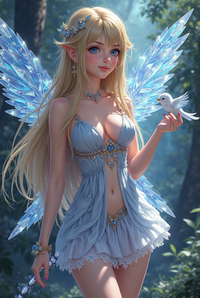 Frost Goddess,Frozen fluid,Ice World,ice,1girl,Translucent clothing,air bubble,blue butterfly,blue eyes,blue nails,breasts,Positive, character on the right, upper body, above knee level,Dynamic pose,bubble,Blue butterfly wings,butterfly wings,crystal,dress,glowing butterfly,long hair,looking at viewer,medium breasts,parted lips,solo,water