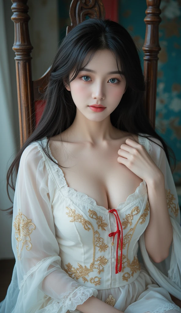 best quality ,masterpiece, illustration, an extremely delicate and beautiful, extremely detailed ,CG ,unity ,8k wallpaper, Amazing, finely detail, masterpiece,best quality,official art,extremely detailed CG unity 8k wallpaper,absurdres, incredibly absurdres, huge filesize , ultra-detailed, highres, extremely detailed,beautiful detailed girl, extremely detailed eyes and face, beautiful detailed eyes,light on face,(Hanfu:1.1),1girl, full body,full-body ,shot,,masterpiece,1girl,solo,black hair,white dress,cleavage, white thighhighs, lake,wet