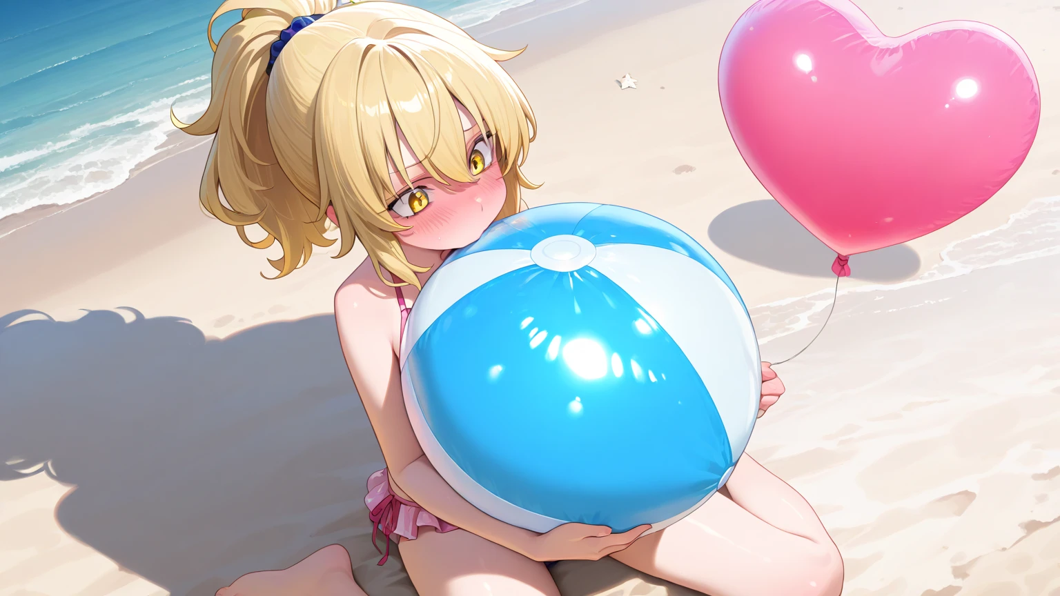 nsfw:1.5, Top quality, masterpiece, ultra high resolution, , (top quality, high resolution, 4K, detailed lighting, shaders, perfect anatomy, perfect proportions), eye of the beholder, (masterpiece, top quality) (top quality, 4K, 8K, high resolution, masterpiece: 1.2), highly detailed, (masterpiece: 1.3, top quality, ultra high resolution, ultra detailed), (top quality: 1.2), perfect eyes, perfect face, perfect lighting, (top quality, 4K, 8K, high resolution, masterpiece: 1.2), highly detailed, (top quality, 4K, 8K, high resolution, masterpiece: 1.5), highly detailed, masterpiece, top quality, ultra detailed, top quality, high resolution, 32K CG, very delicate and beautiful, illustration, high resolution, sharp focus, front lighting, glow, girl 1 person, solo, smiling, very beautiful and detailed anime face, very detailed eyes, ((masterpiece)), ((best quality)), (super detailed), ((cute)), cute, ((very detailed)), 4K, (8K), best quality, (best quality, 8K, 32k, masterpiece, super high resolution, very detailed, impressionistic:1.2), blurred background, (two arms) , (two legs), (four fingers and 1 thumb), Best quality , only one belly button, Bare shoulders.
(Beautiful woman). (Playing with a beach ball: 1.5). (Blue ruffled bikini: 2). (Full body: 1.5). (Profile: 1.2). (Looking at the viewer: 1.6). (Beautiful face: 1.2). (Shiny blonde hair: 1.6). (Chignon: 1.3). (Headband: 1.8). (Bangs swept to the side to reveal forehead: 1.7). (Blue eyes). (Sexy lips: 1.5). (Happy smile: 1.8). (Embarrassed: 1.2). (Topless: 2.5). (Breasts and nipples not covered: 1.7). (Small pink nipples: 1.4). (Big breasts: 1.9). (Full breasts: 1.7). (Nice breasts: 1.6). (Cleavage: 1.2). (Narrow waist). (Slender body). (Beautiful butt). (Realistic facial expression: 1.6). (Realistic skin texture: 1.6). (White choker: 1.3). (Necklace: 1.3). (Bracelet: 1.3). (Resort pool: 1.6). (Sunny weather: 1.8). (Realistic water surface: 1.4).