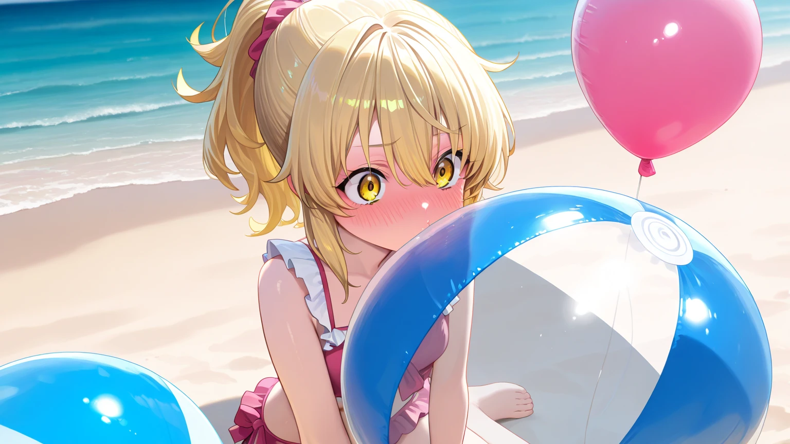 from above:1.3,close up face,solo, black twintail, (blunt bang), pink Sarong pass, big smile, happy image,dynamic jumping pose, sandy beach, blue sky,